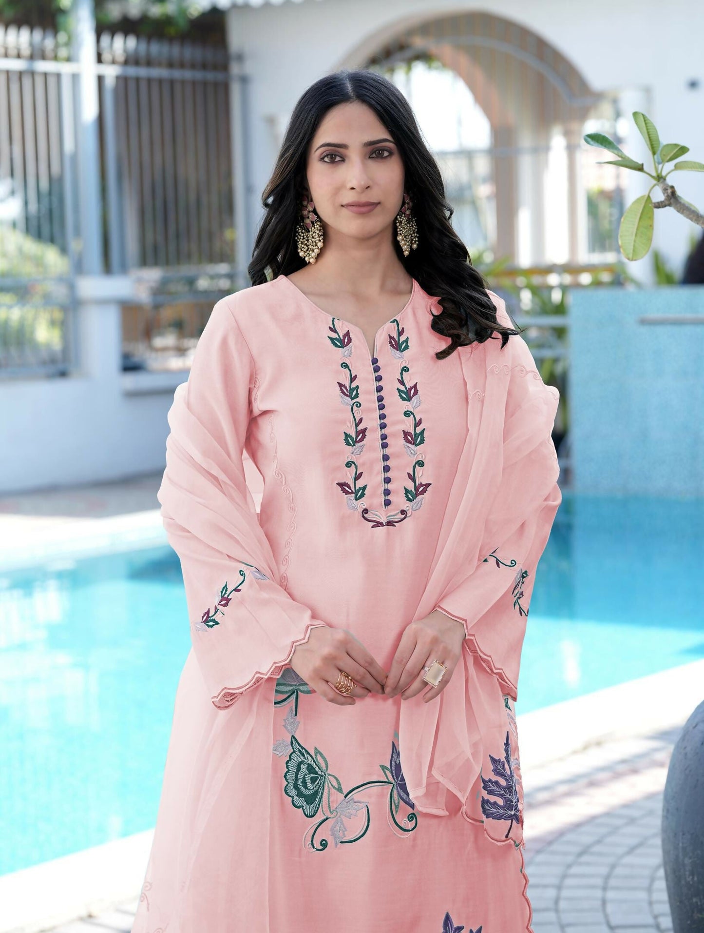 Nikhaar Light Pink Embroidered Art Silk Stitched Straight Cut Kurta Pants Dupatta Readymade Suit