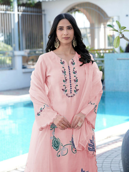 Nikhaar Light Pink Embroidered Art Silk Stitched Straight Cut Kurta Pants Dupatta Readymade Suit