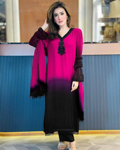 Teeya Creation Women's Trendy Stylish French Crepe Silk Pink Kurta Set