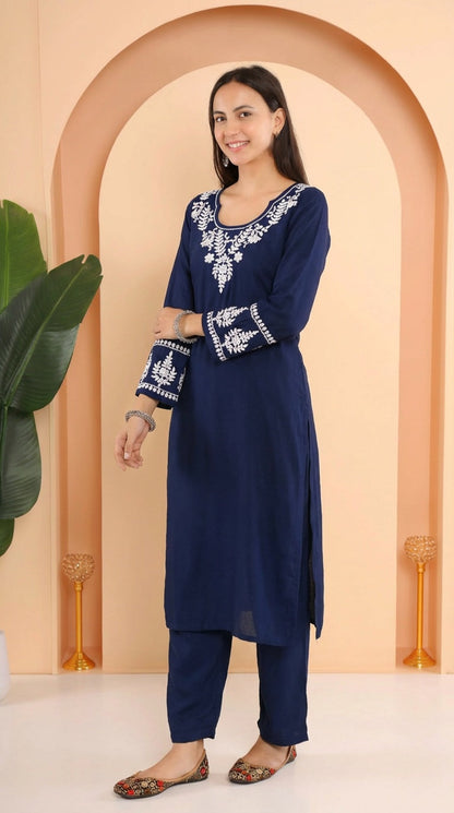 Gharana India Ishq Luxury Rayon 2Pc Navy Blue Chikankari Kurta Set