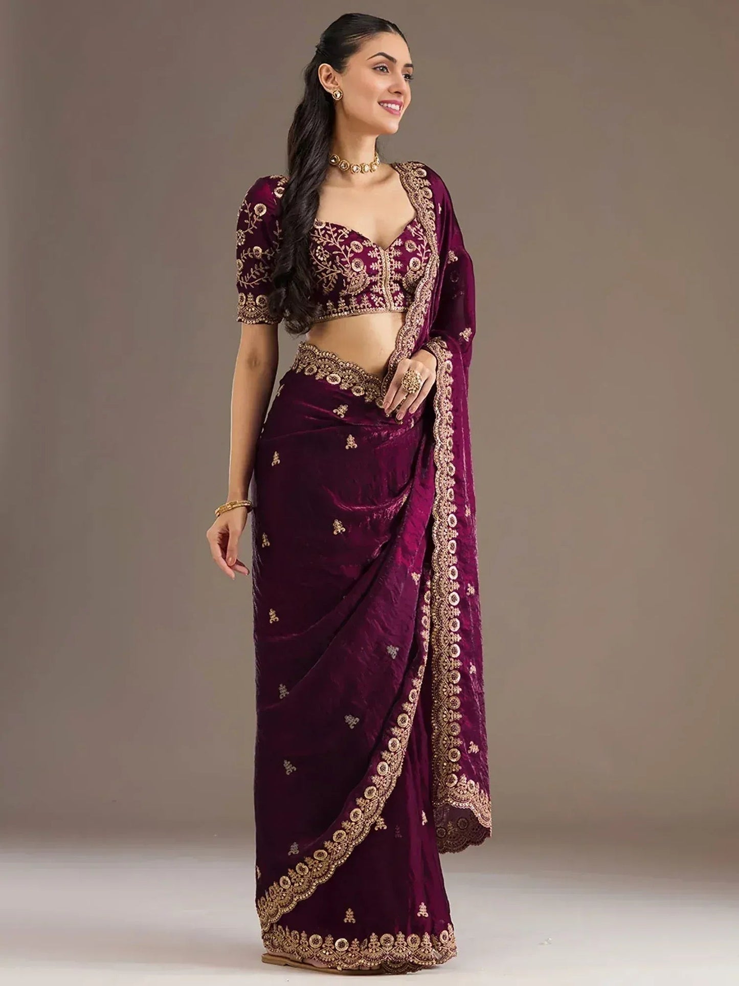 Tulsi Art Stunning Wine Embroidered Silk Reception Wear Saree With Blouse