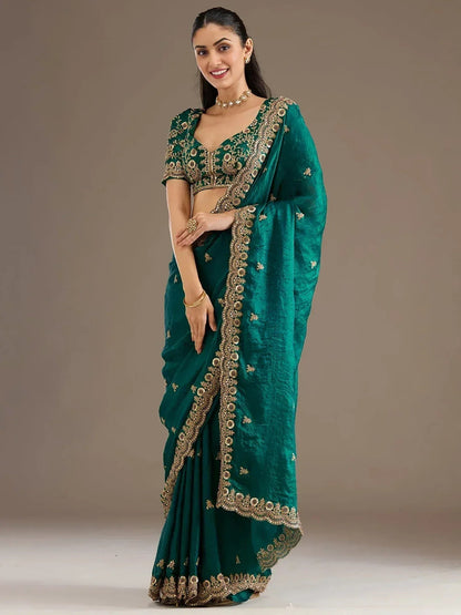Tulsi Art Charming Green Zari Embroidered Silk Reception Wear Saree With Blouse