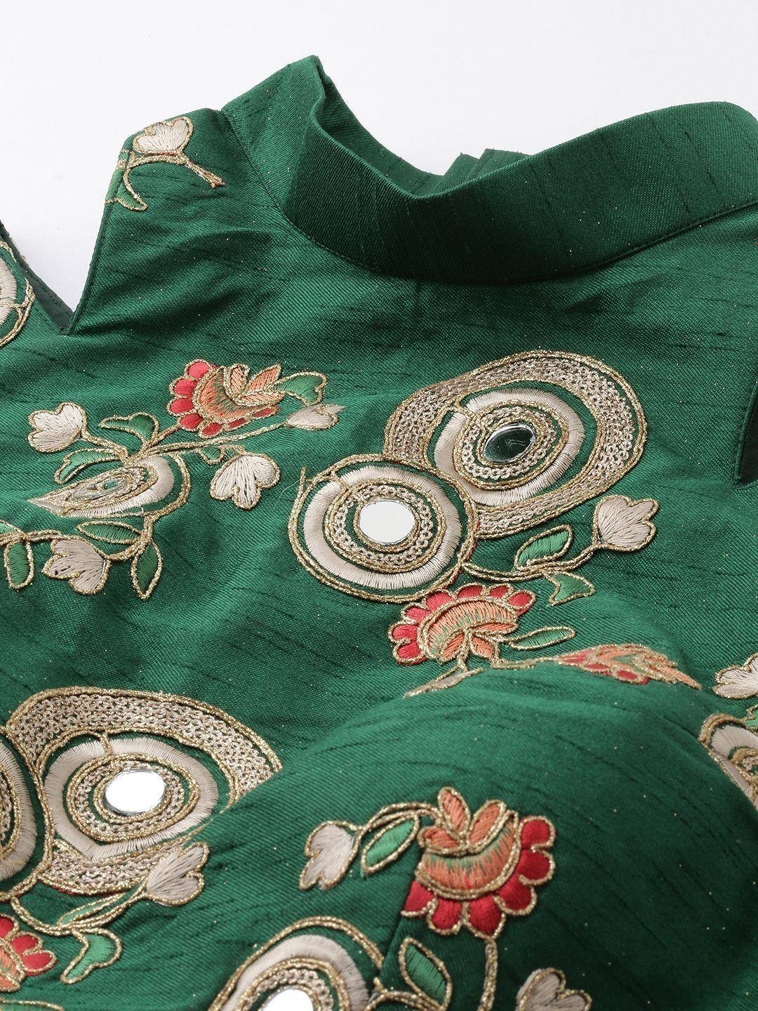 Tulsi Art Peach & Green Embroidered Semi-Stitched Lehenga & Unstitched Blouse With Dupatta