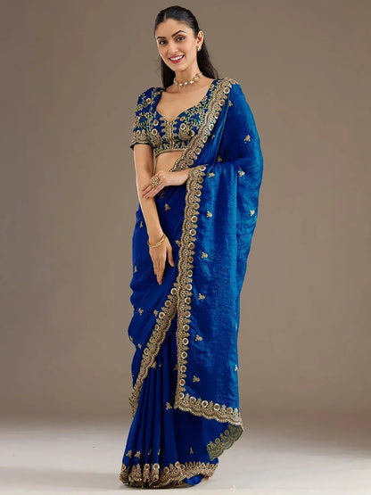 Tulsi Art Dazzling Blue Embroidered Silk Festive Wear Saree With Blouse