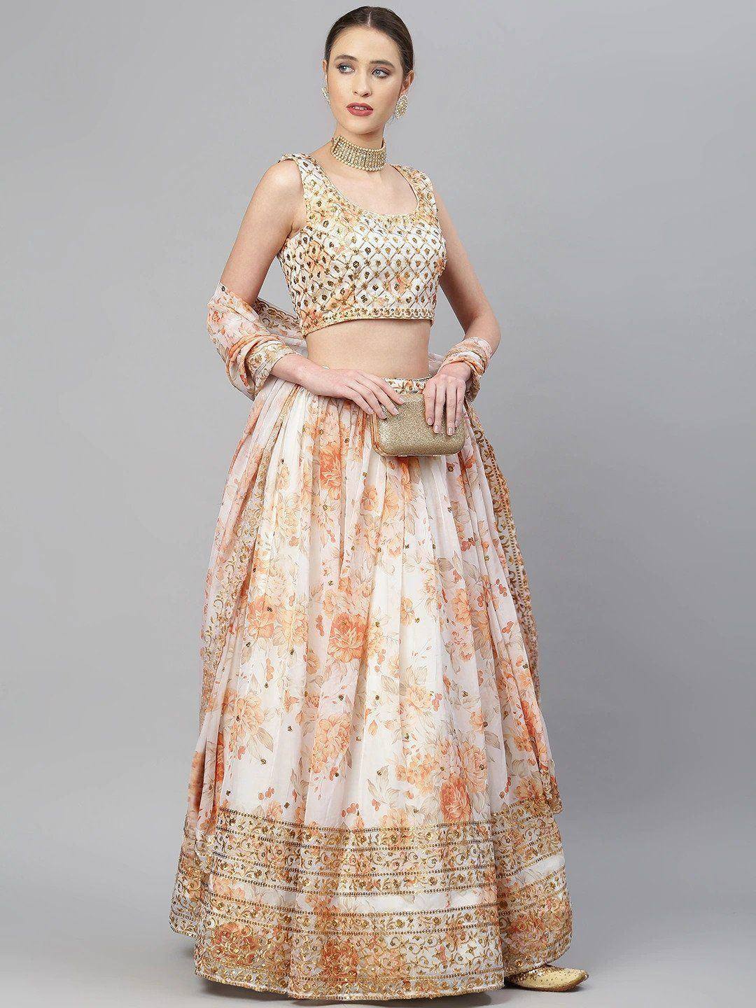 Tulsi Art Off White & Peach-Coloured Embellished Sequinned Semi-Stitched Myntra Lehenga