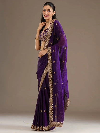 Tulsi Art Beautiful Purple Zari Embroidered Silk Party Wear Saree With Blouse