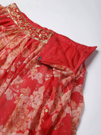 Tulsi Art Red & Gold-Toned Embellished Sequinned Semi-Stitched Myntra Lehenga & Unstitched Blouse
