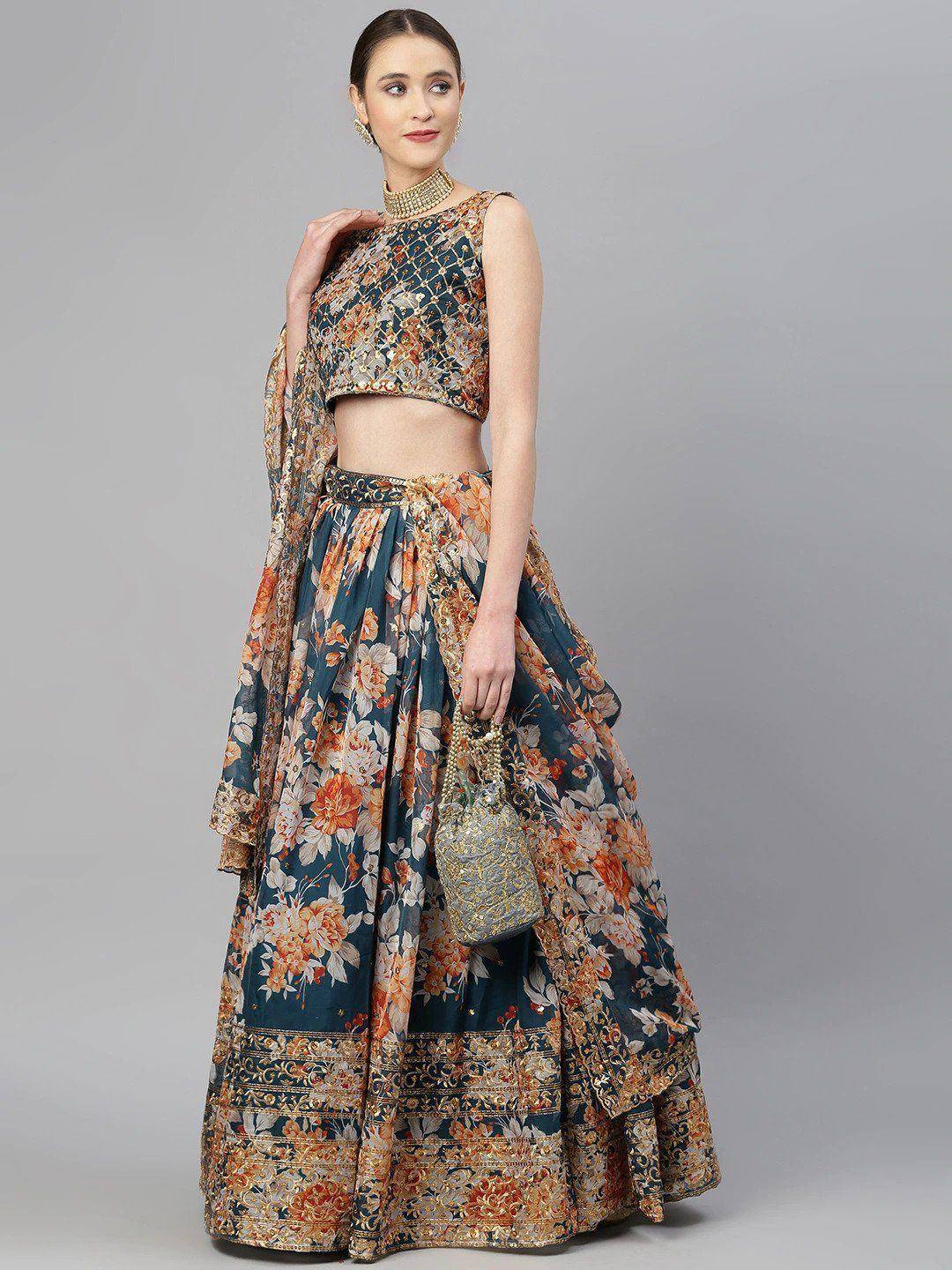 Tulsi Art Blue & Peach-Coloured Embellished Sequinned Semi-Stitched Myntra Lehenga & Unstitched Blouse