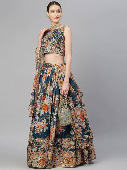 Tulsi Art Blue & Peach-Coloured Embellished Sequinned Semi-Stitched Myntra Lehenga & Unstitched Blouse