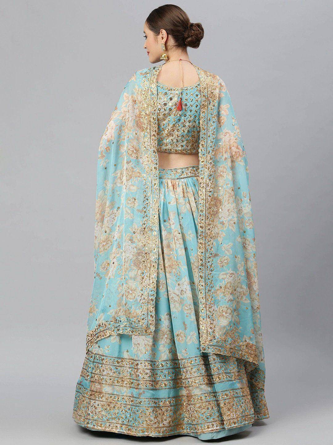 Tulsi Art Blue & Peach-Coloured Embellished Sequin Myntra Lehenga & Unstitched Blouse