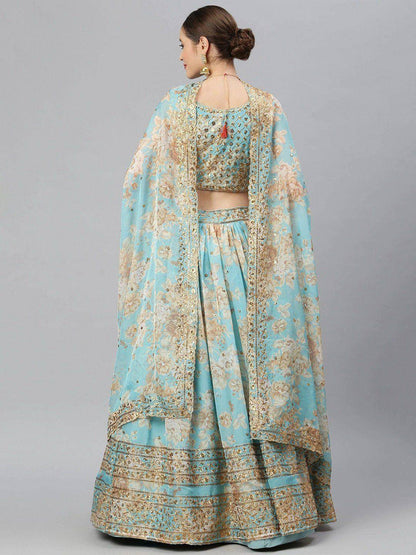 Tulsi Art Blue & Peach-Coloured Embellished Sequin Myntra Lehenga & Unstitched Blouse