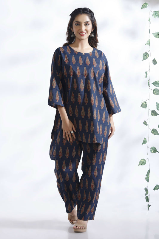 Breathables Blue Butta Cotton Kurta & Pant Co-Ord Set