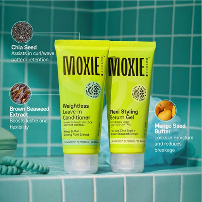 Moxie Beauty Wavy Travel Routine - Shampoo, Conditioner, Leave-In Conditioner & Styling Serum Gel