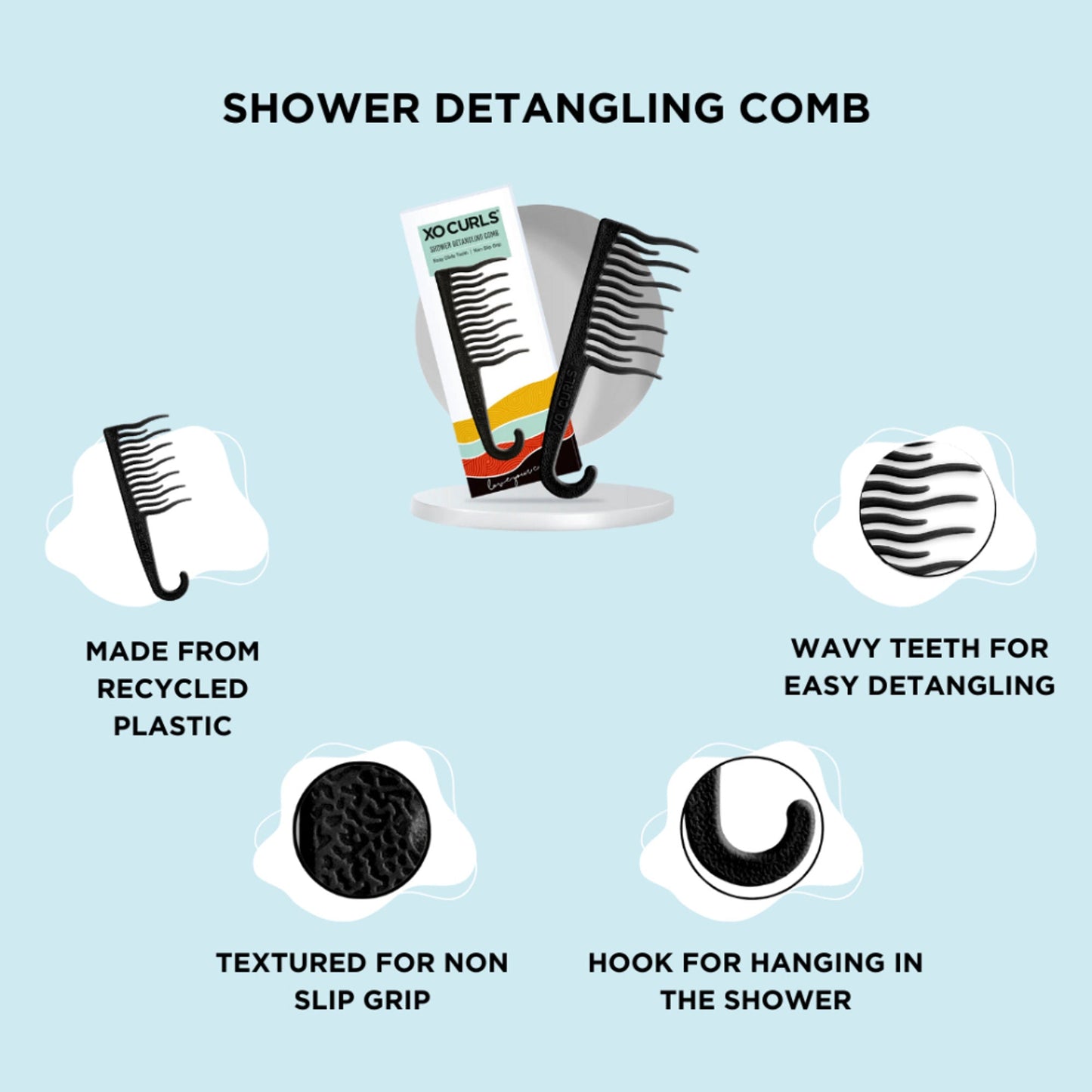 XO Curls Shower Detangling Comb - Black