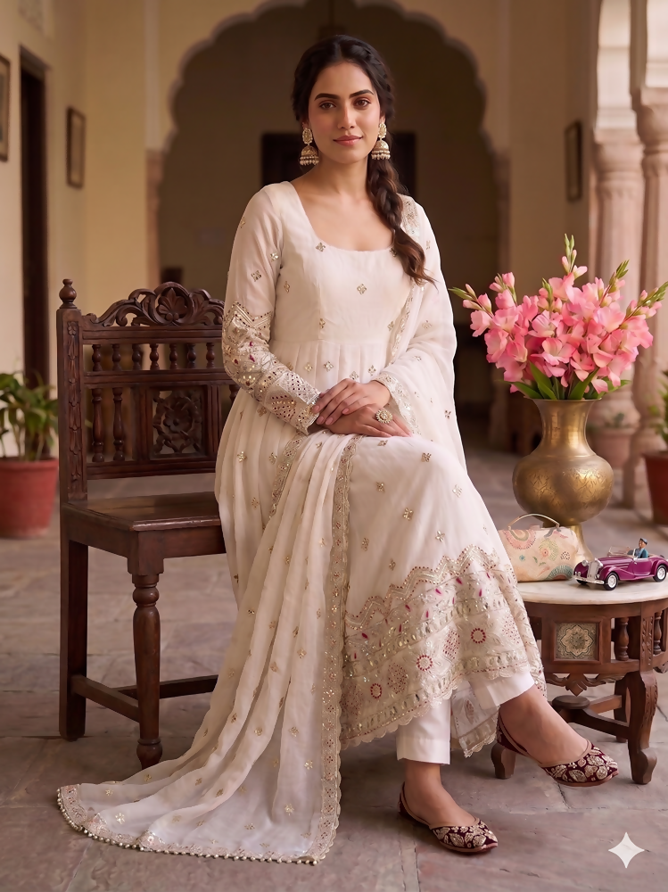 Teeya Creation Premium Off-White Designer Anarkali Suit for Wedding
