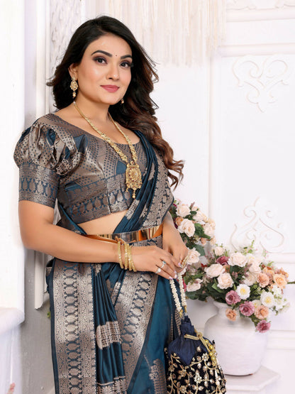 Aastha Fashion Teal Blue Soft Organza Silk Weaving Saree