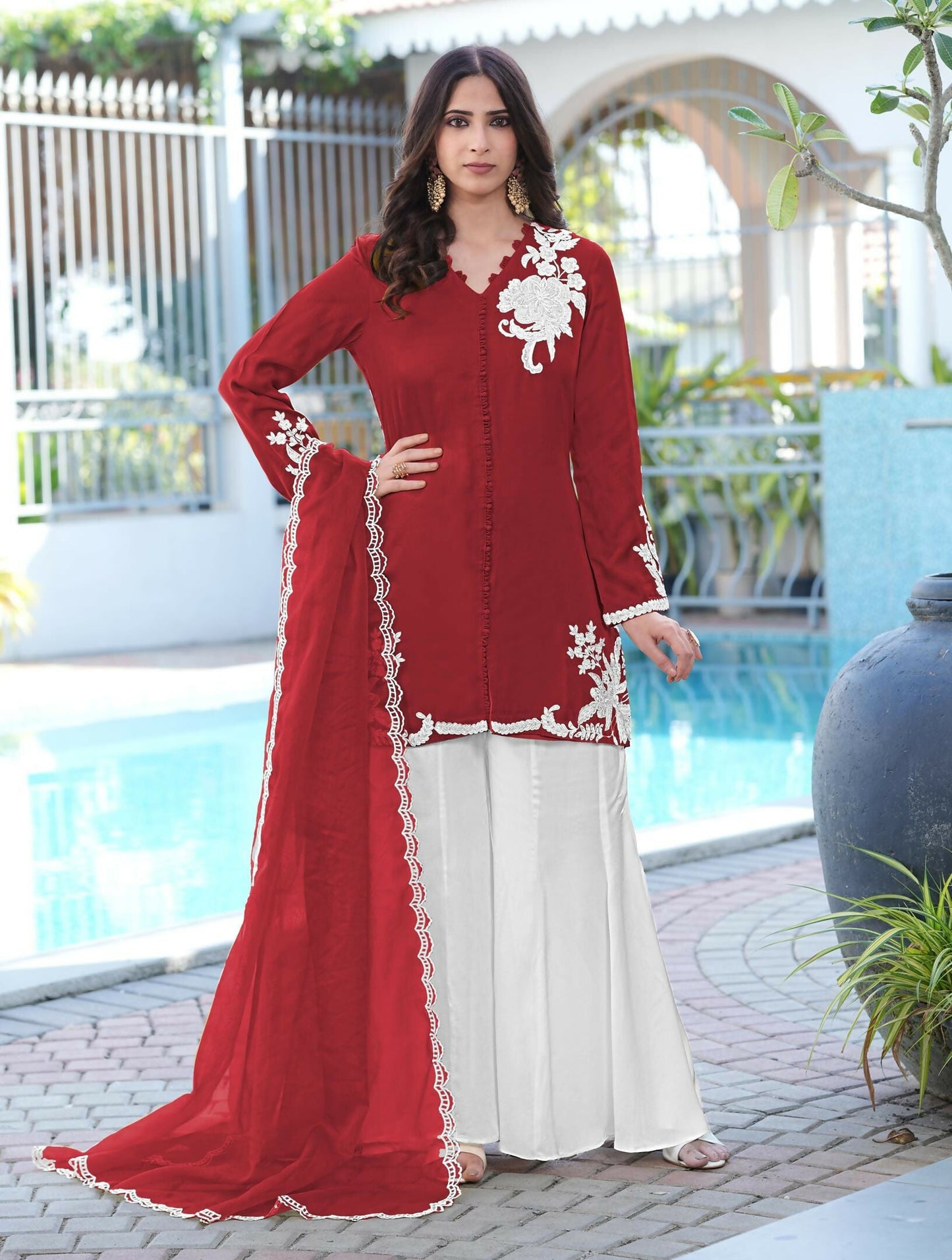 Nikhaar Maroon Embroidered Modal Silk Stitched Straight Cut Kurta Kalidar Palazzo Dupatta Readymade Suit