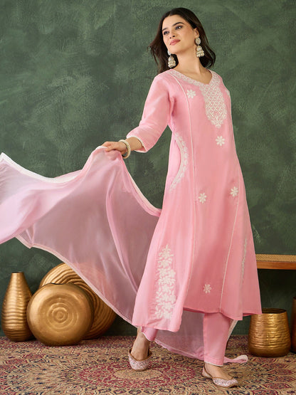 The52 Women's Beautiful Thread Work Cotton satin Fabric Flared Kurta Pant and Dupatta Set-Peach