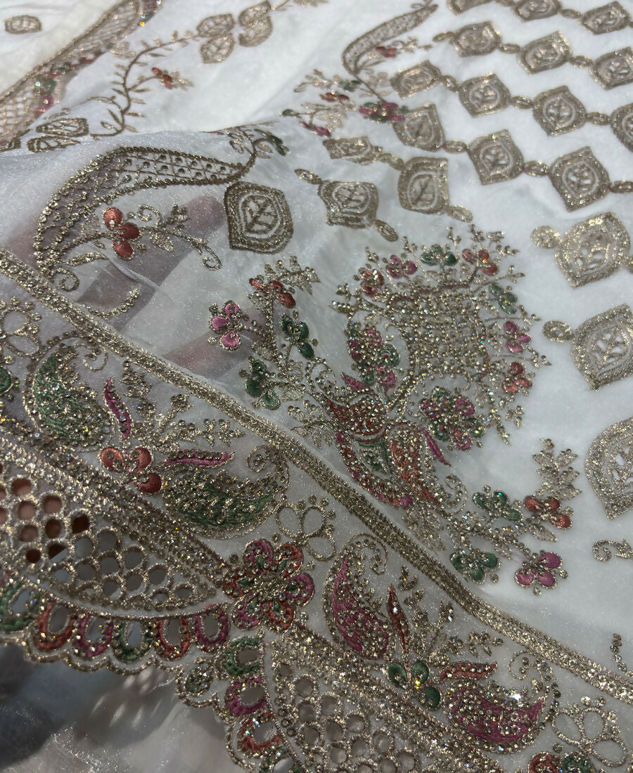 KC Heavy Embroidery Worked Two Ton Moss Silk White Suit For Women