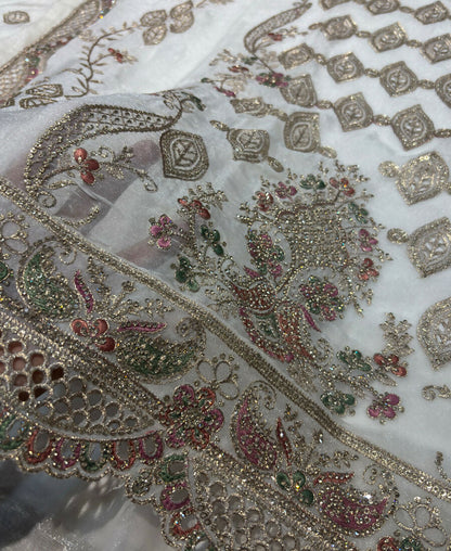 KC Heavy Embroidery Worked Two Ton Moss Silk White Suit For Women