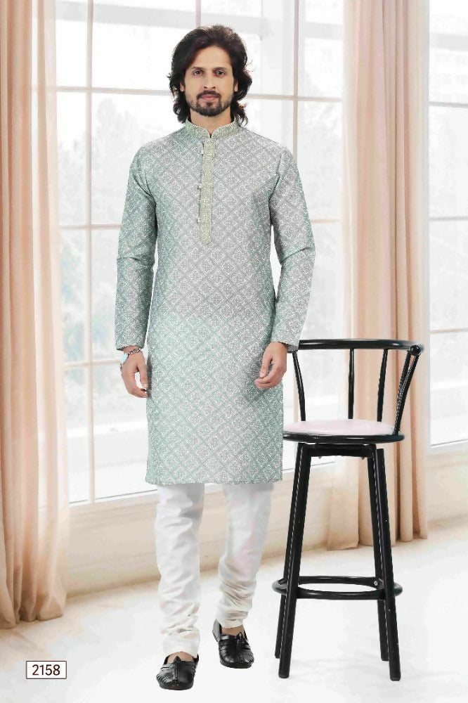 Raivat Ethnic Cotton Thread Work Kurta Pajama In Light Green Colour