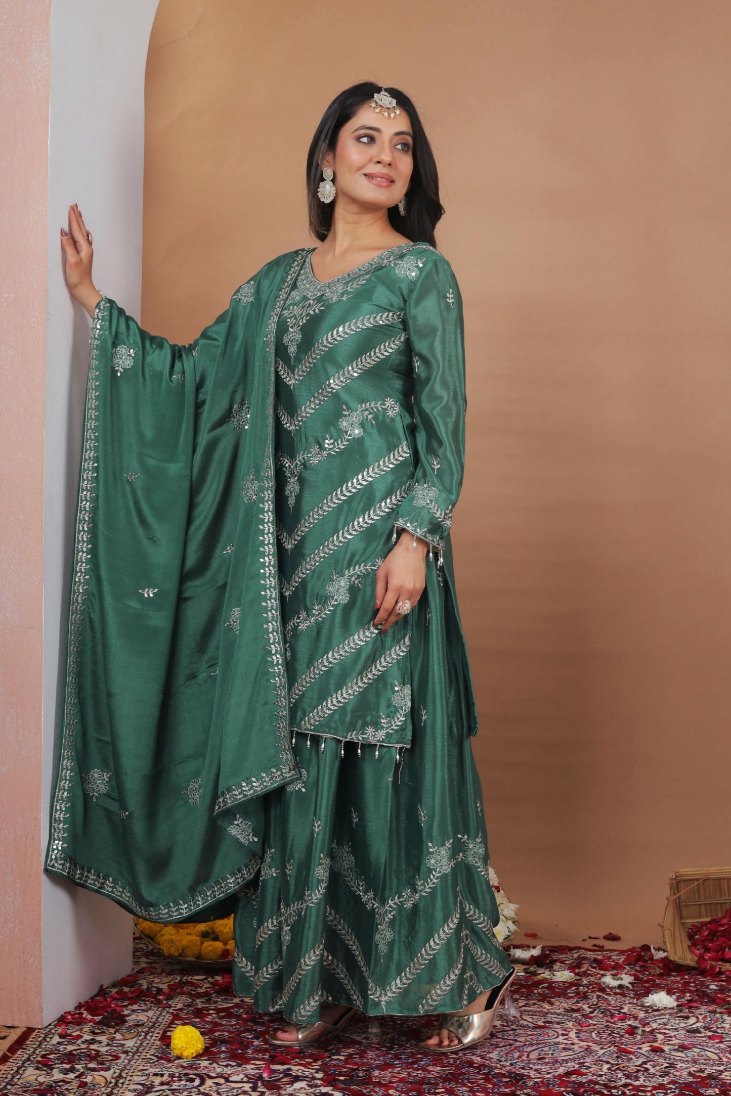 The52 Women's Gorgeous Embroidery Work Chinon Fabric Straight Kurta Sharara and Dupatta Set-Green