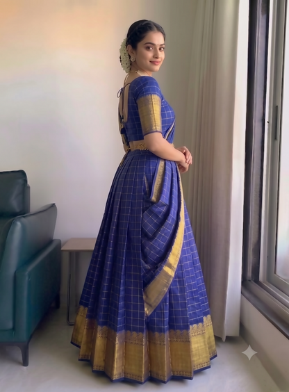 Teeya Creation Vibrant Royal Blue Checkered Silk Lehenga Choli with Antique Gold Border
