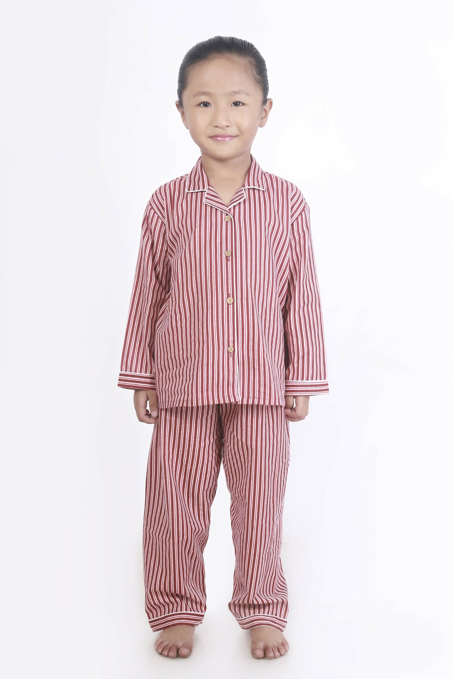 Breathables Kids Cotton Night Suit  Red & White Striped Shirt & Pyjama Co-Ord Set For Boys & Girls