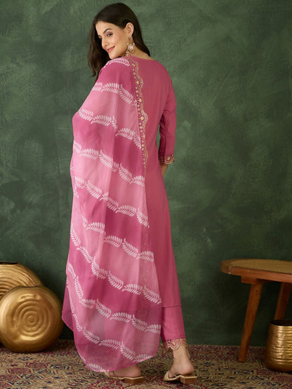 The52 Women's Beautiful Rayon Fabric Embroidery Work Straight Kurta Pant and Dupatta Set-Pink