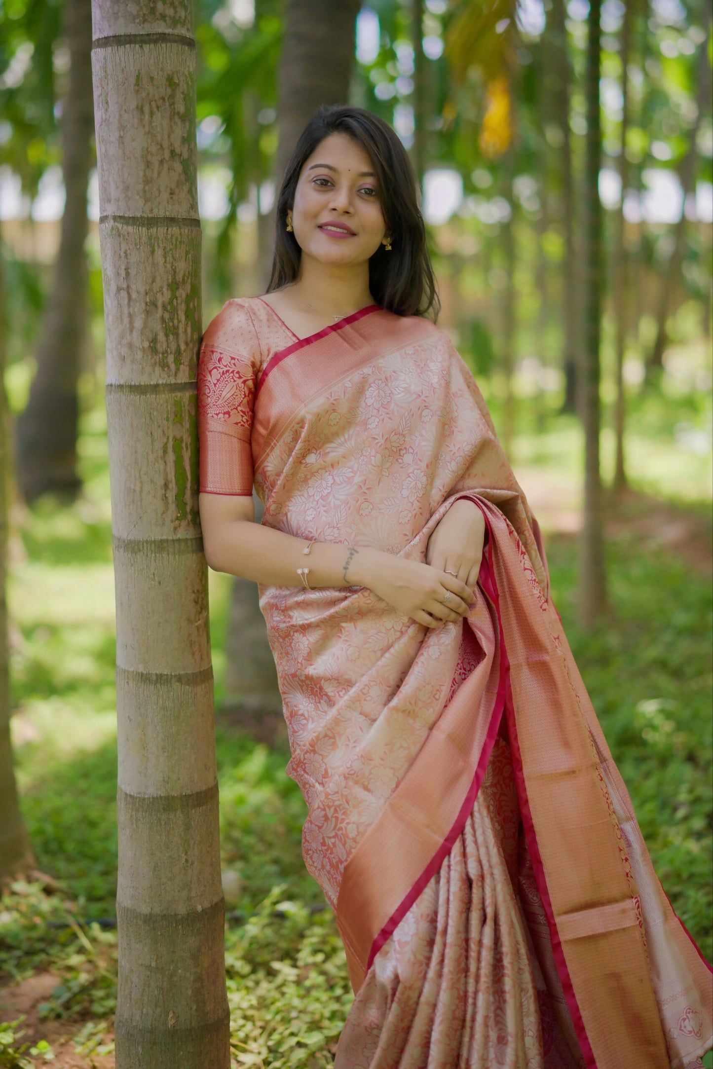 Prime Volt Bridal Kanchipuram Silk Saree with Rich Zari Weaving & Contrast Border-Orange