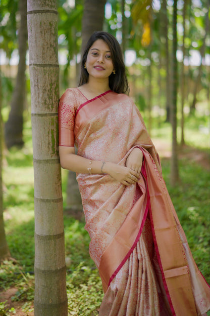 Prime Volt Bridal Kanchipuram Silk Saree with Rich Zari Weaving & Contrast Border-Orange