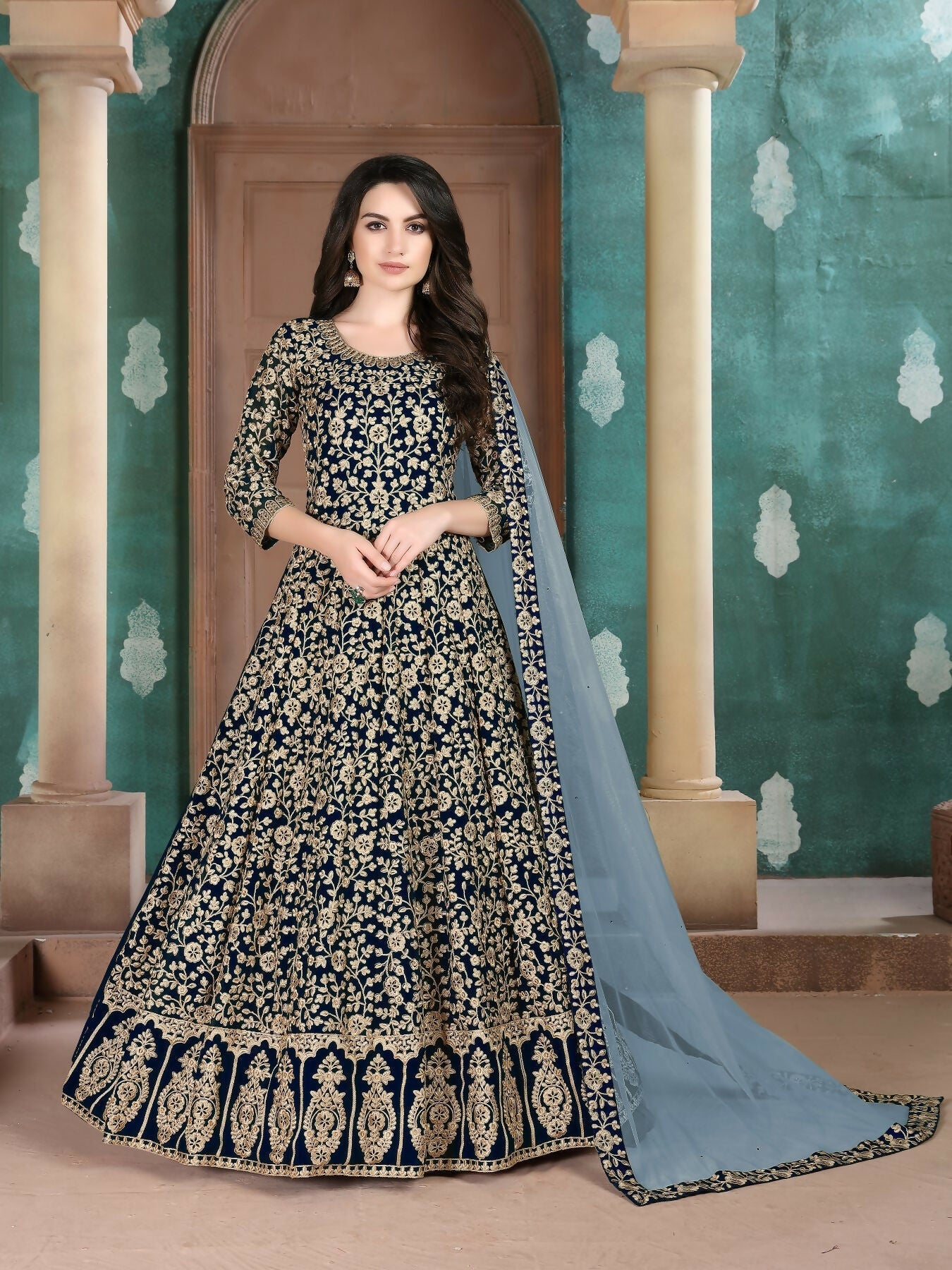 Anaita Navy Blue Embroidered Faux Georgette Anarkali Suit