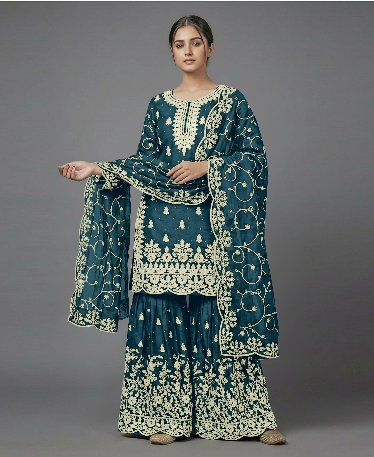 Teeya Creation Womens New Trendy Pure Gmy Silk With Heavy Embroidery Sequence Work Teal Kurta Set