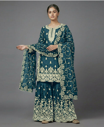Teeya Creation Womens New Trendy Pure Gmy Silk With Heavy Embroidery Sequence Work Teal Kurta Set