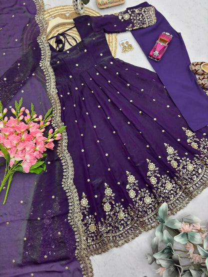 Teeya Creation Womens New Latest Trendy Elegant Dark Blue Embroidered Anarkali Suit Set with Scalloped Dupatta