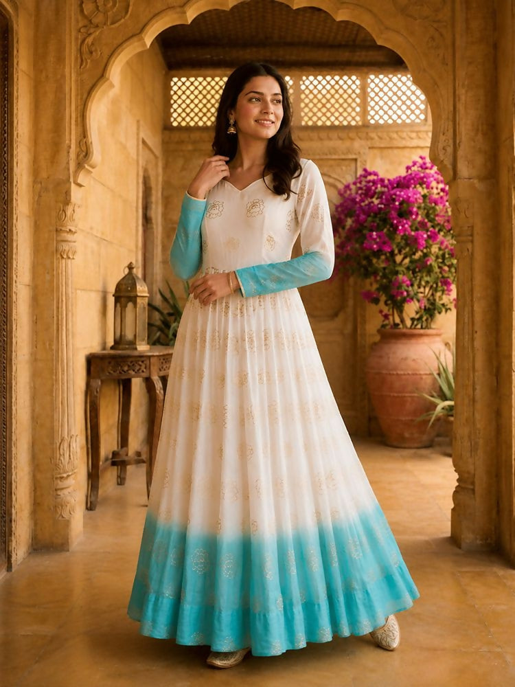 Teeya Creation Sky Blue and White Gradient Anarkali Gown with Gold Floral Motifs