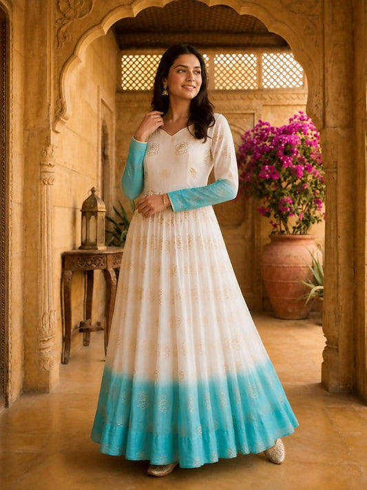 Teeya Creation Sky Blue and White Gradient Anarkali Gown with Gold Floral Motifs