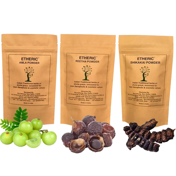 Etheric Amla Reetha Shikakai Powder Combo  Organic Herbal Hair Wash & Hair Growth