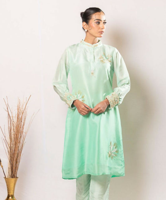Timaraa Mint Whisper  Aari Zardosi Silk Co-Ord Set