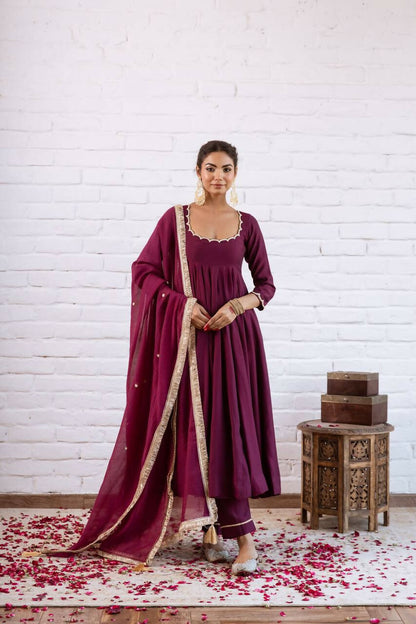 Teeya Creation Wine Solid Silk Blend Anarkali Suit With Pants And Dupatta