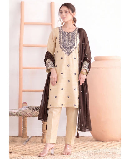 KC Khadi Cotton White Suit With Brown Dupatta 3 Piece Pair For Women
