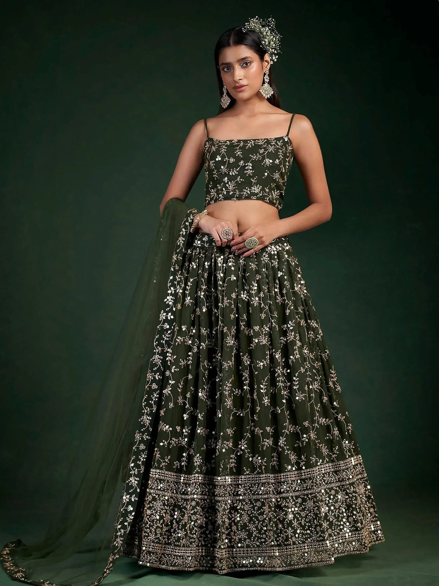 Tulsi Art Desirable Olive Green Sequins Embroidered Georgette Lehenga Choli