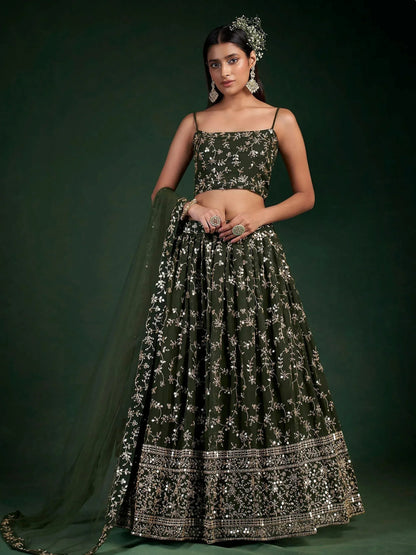 Tulsi Art Desirable Olive Green Sequins Embroidered Georgette Lehenga Choli