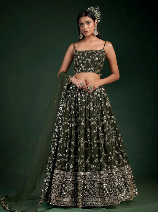 Tulsi Art Desirable Olive Green Sequins Embroidered Georgette Lehenga Choli