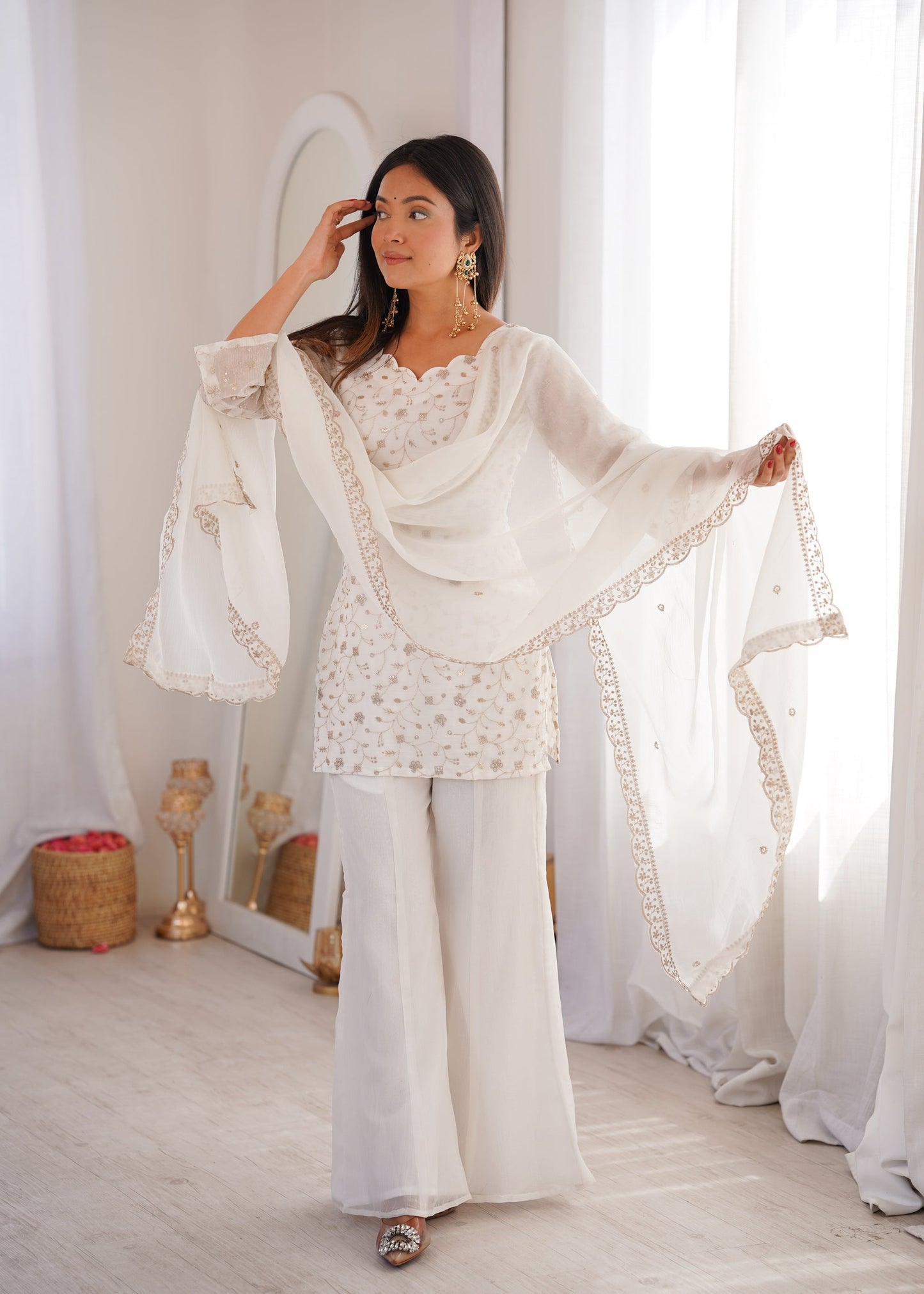 Lorenvalley Fashion Offwhite Crunchy Silk with Embroidery Sequence Jari work Kurta Bell Bottom Pant with Dupatta