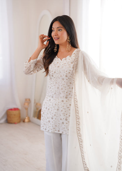 Lorenvalley Fashion Offwhite Crunchy Silk with Embroidery Sequence Jari work Kurta Bell Bottom Pant with Dupatta