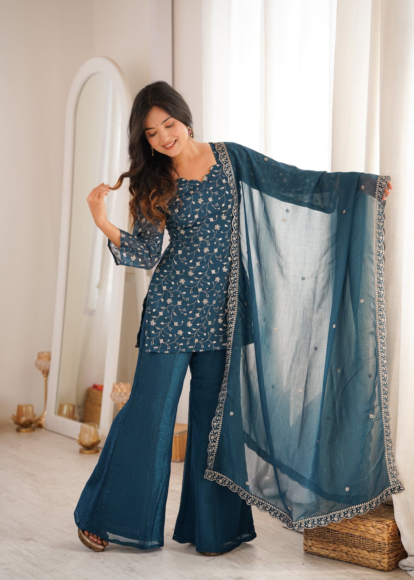Lorenvalley Fashion Rama Crunchy Silk With Embroidery Sequence Jari Work Kurta Bell Bottom Pant With Dupatta
