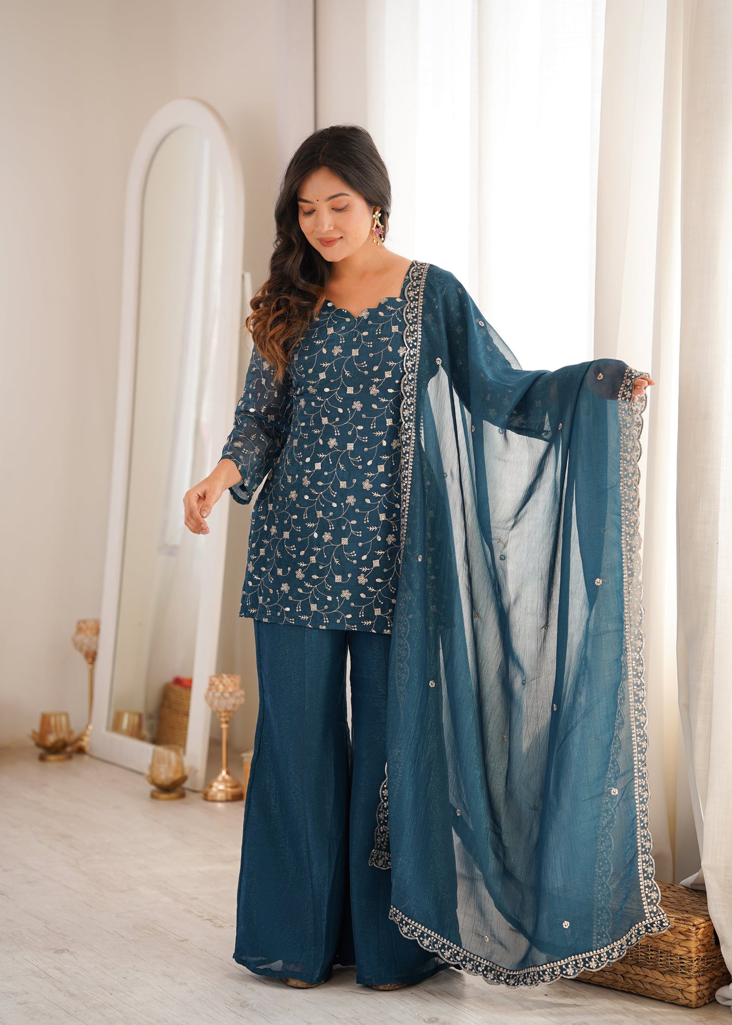 Lorenvalley Fashion Rama Crunchy Silk With Embroidery Sequence Jari Work Kurta Bell Bottom Pant With Dupatta