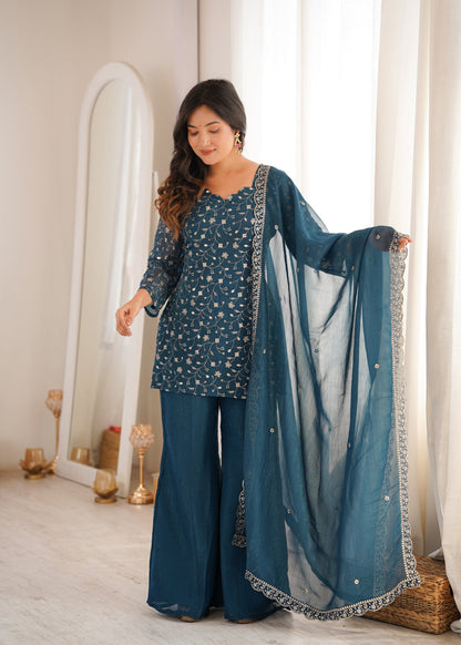 Lorenvalley Fashion Rama Crunchy Silk With Embroidery Sequence Jari Work Kurta Bell Bottom Pant With Dupatta