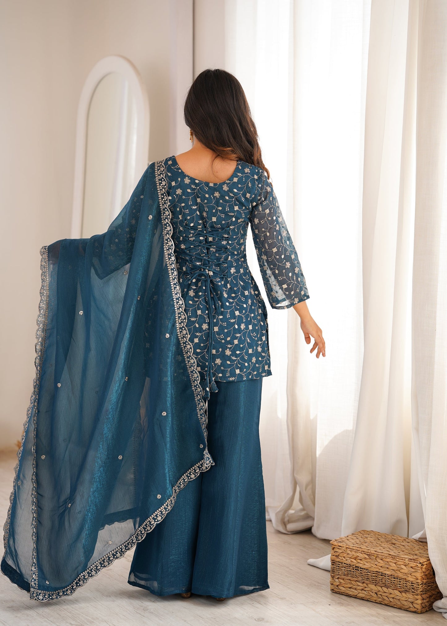 Lorenvalley Fashion Rama Crunchy Silk With Embroidery Sequence Jari Work Kurta Bell Bottom Pant With Dupatta